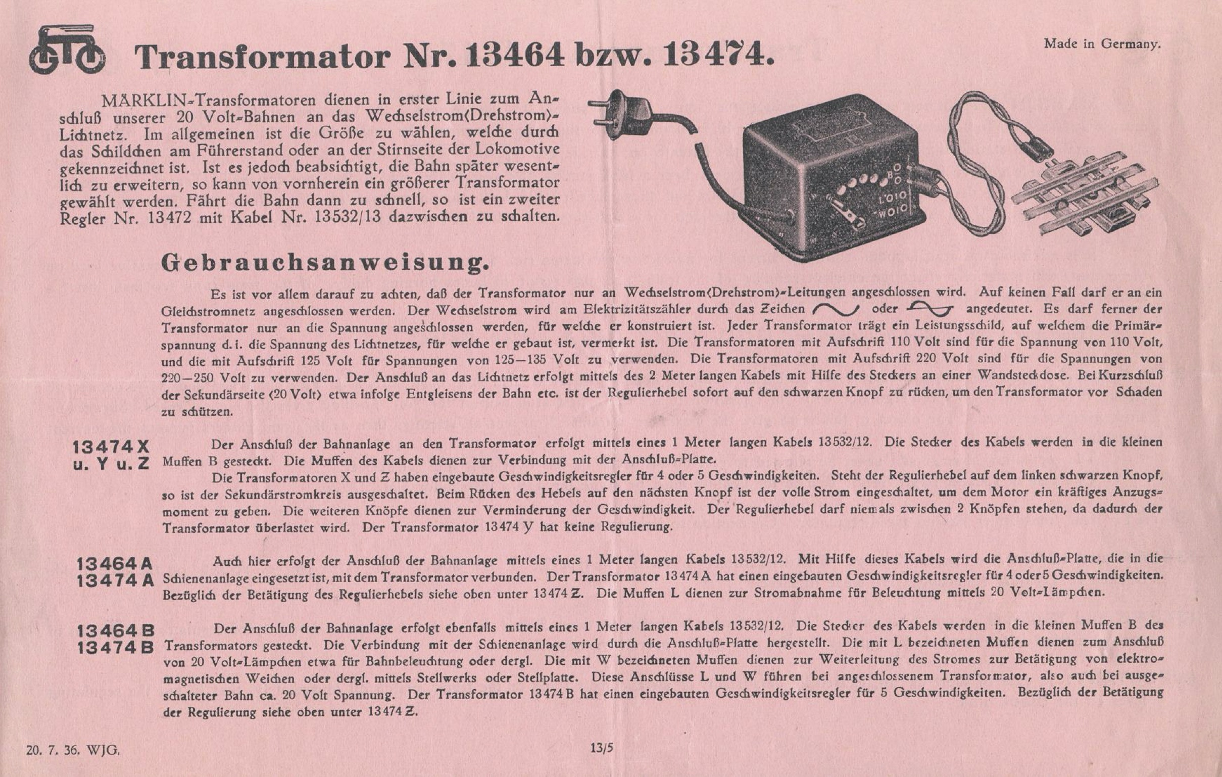 0036310 1936 – Märklin Anweisung – Gebrauchsanweisung Transformator Nr. 13464 bzw. 13474 – 20. 7. 36. WJG (Bedienungsanleitung)