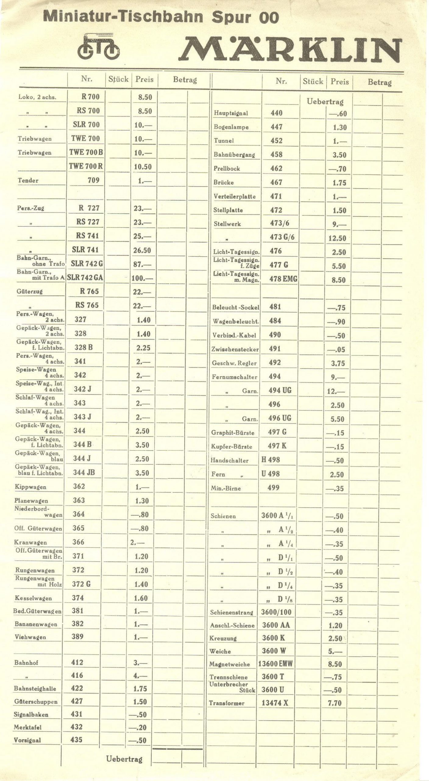 0039001 1936 – Märklin Preisliste Miniatur-Tischbahn Spur 00 – Geen (Prijslijst)