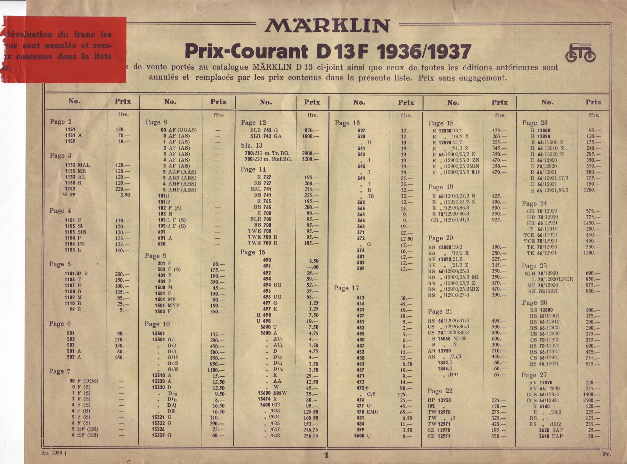 0040211 1936 – Märklin Prix-Courant D13F 1936-1937 – Aa. 1036 j (Prijslijst)