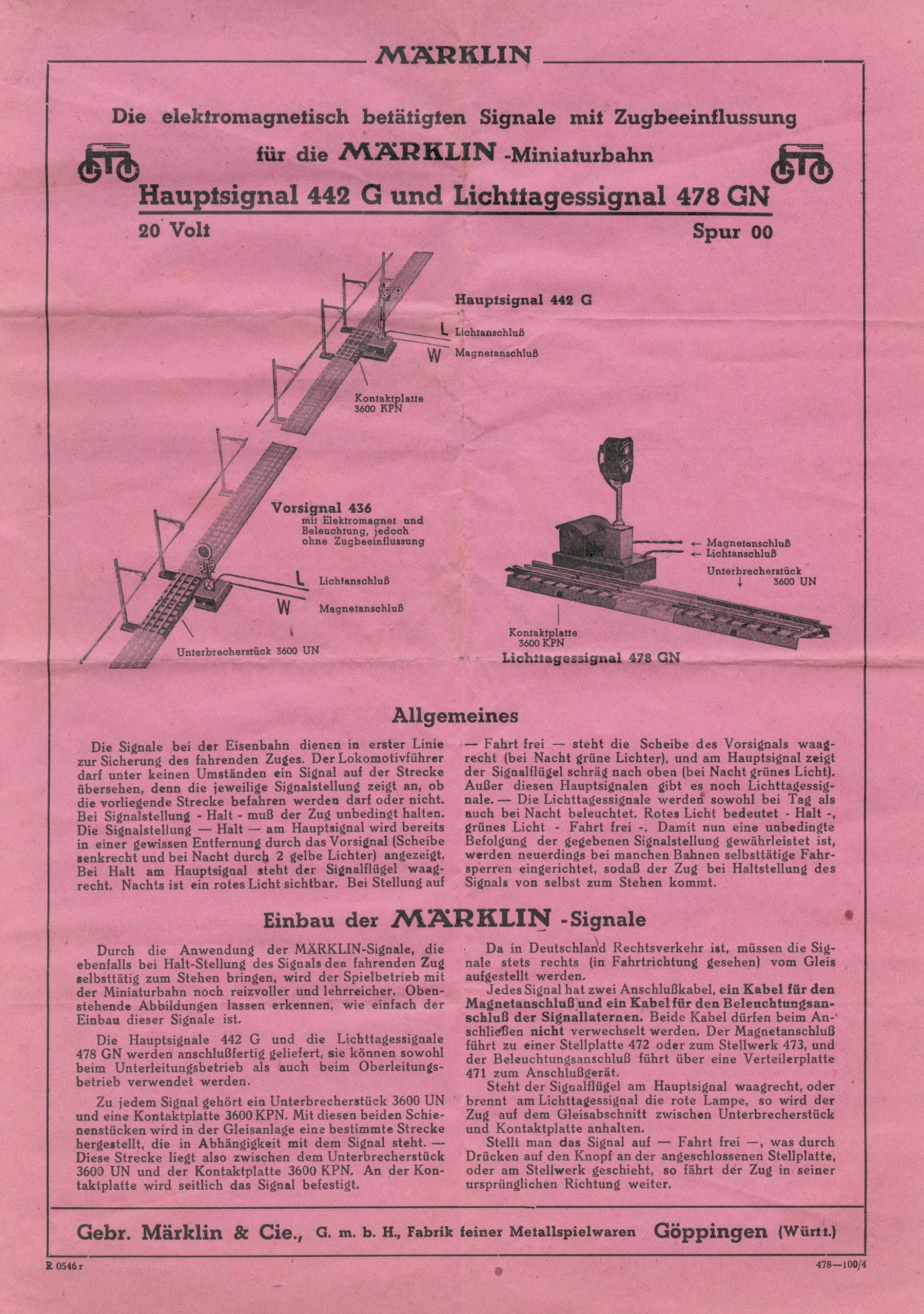 0062996 1946 – Märklin Anweisung – Hauptsignal 442 G und Lichttagessignal 478 GN – R 05 46 r (Bedienungsanleitung)