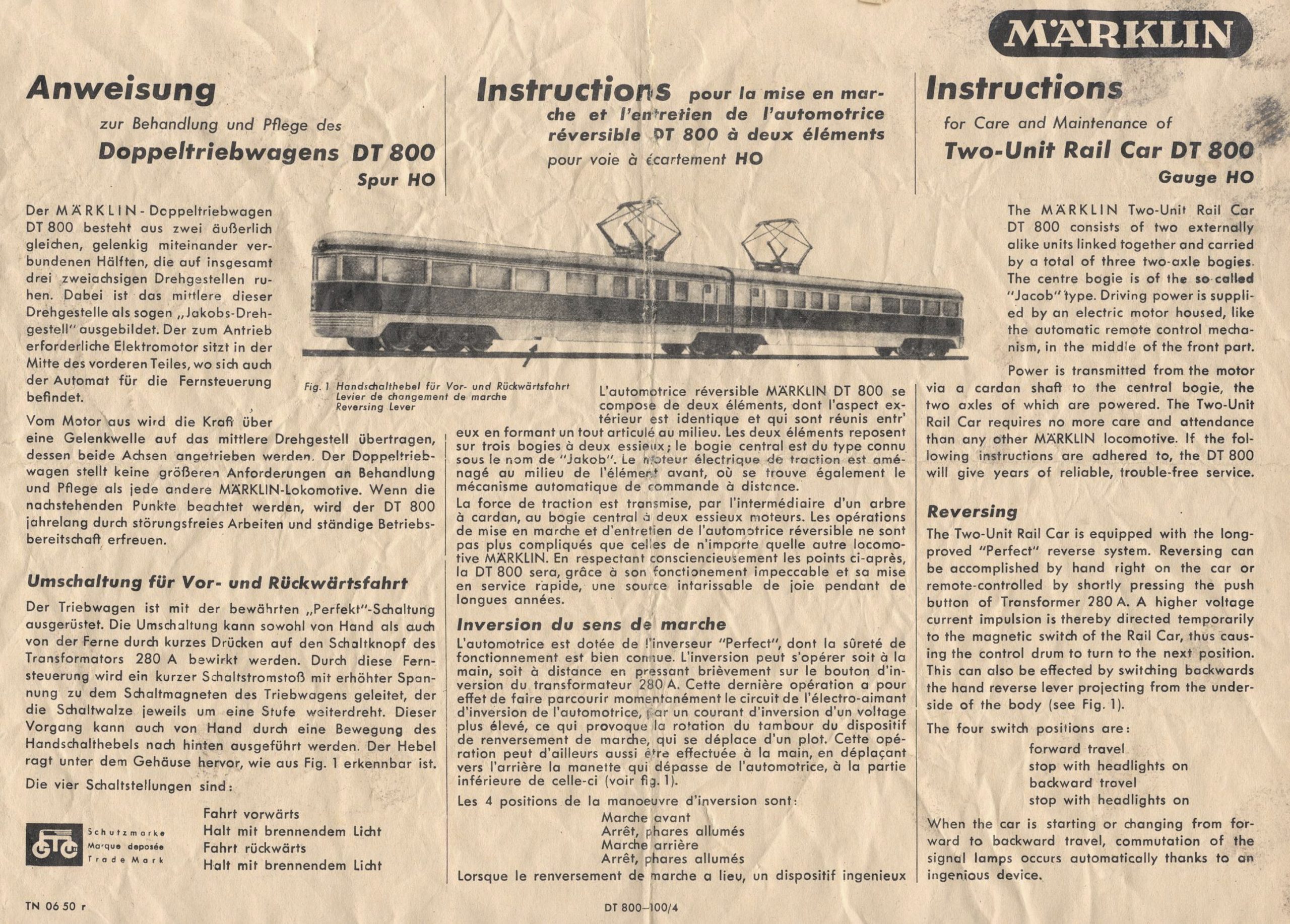 1950 : Anweisung zur Behandlung und Pflege des Doppeltriebwagens DT 800 Spur H0 0074761 1950 – Märklin Anweisung – Anweisung zur Behandlung und Pflege des Doppeltriebwagens DT 800 Spur H0 – TN 06 50 r (Bedienungsanleitung)