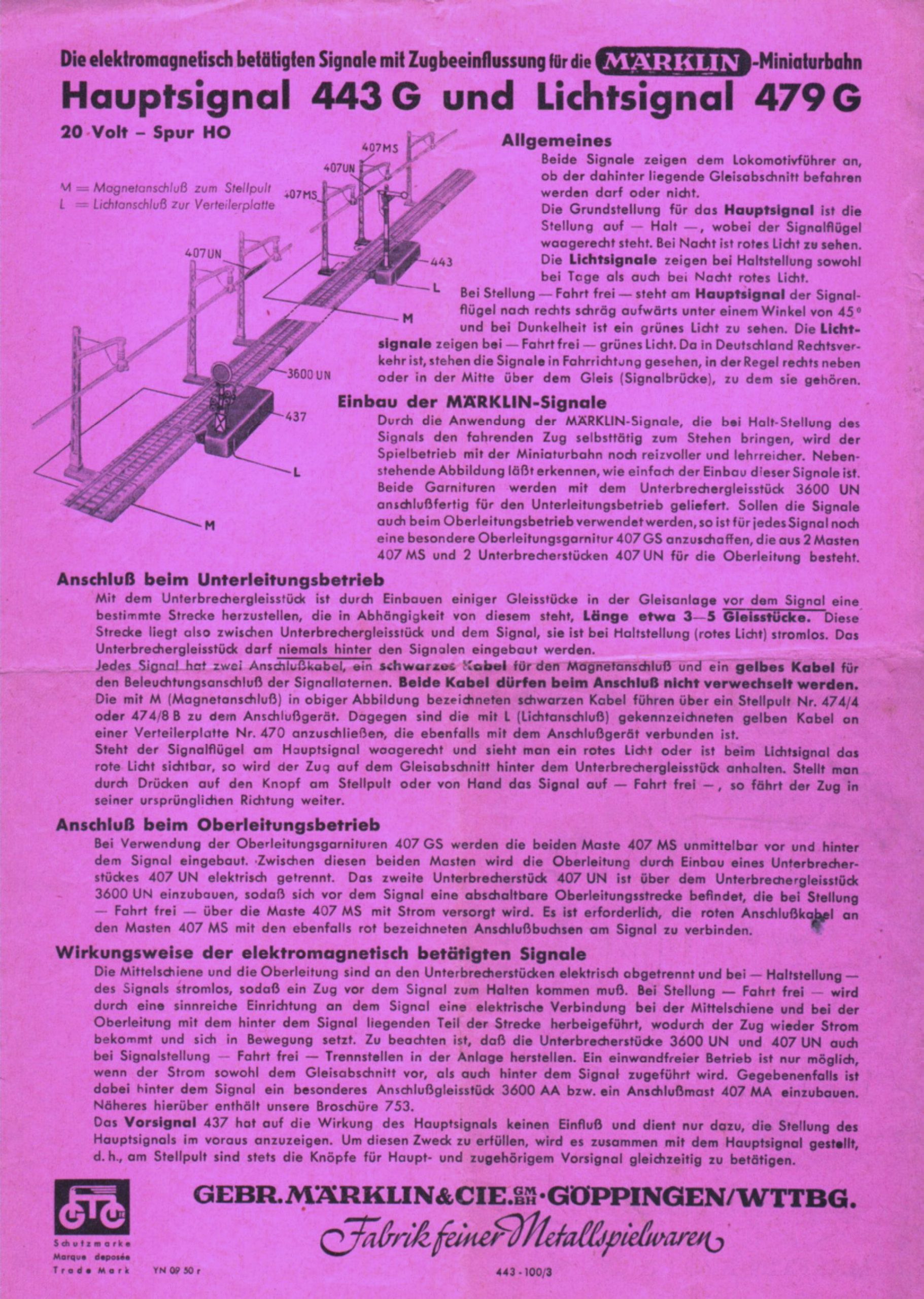 0075501 1950 – Märklin Anweisung – Hauptsignal 443 G und Lichtsignal 479 G – YN 09 50 r (Bedienungsanleitung)