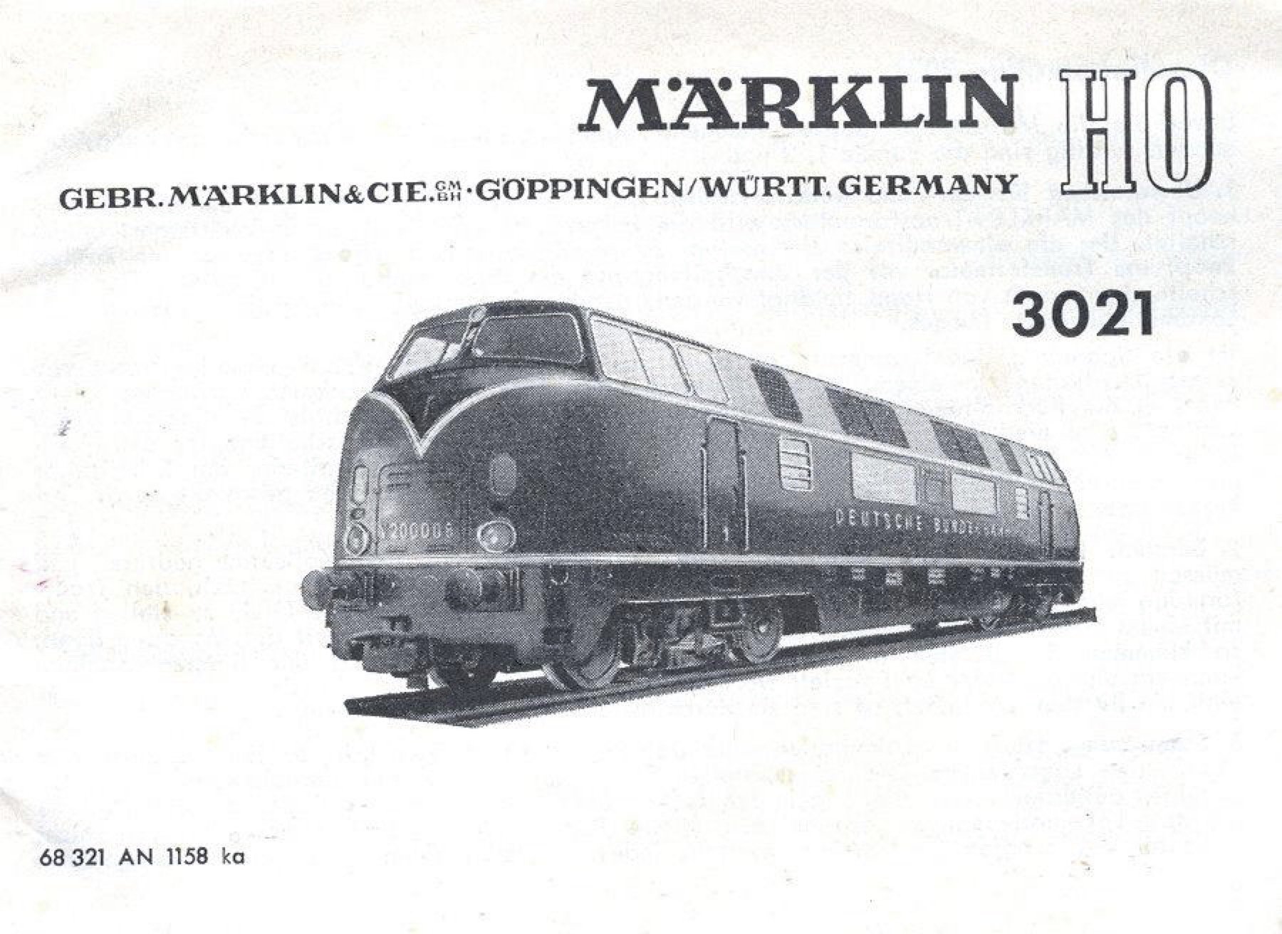 1958 : Bedienungsanleitung Diesellokomotive 3021 0118500 1958 – Märklin Bedienungsanleitung – Diesellokomotive 3021 – 68 321 AN 11 58 ru (Bedienungsanleitung)