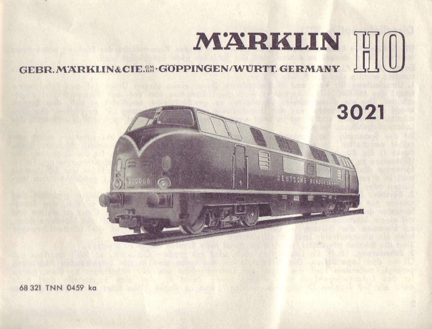 1959 : Bedienungsanleitung Diesellokomotive 3021 0119152 1959 – Märklin Bedienungsanleitung – Diesellokomotive 3021 – 68 321 TNN 04 59 ka (Bedienungsanleitung)