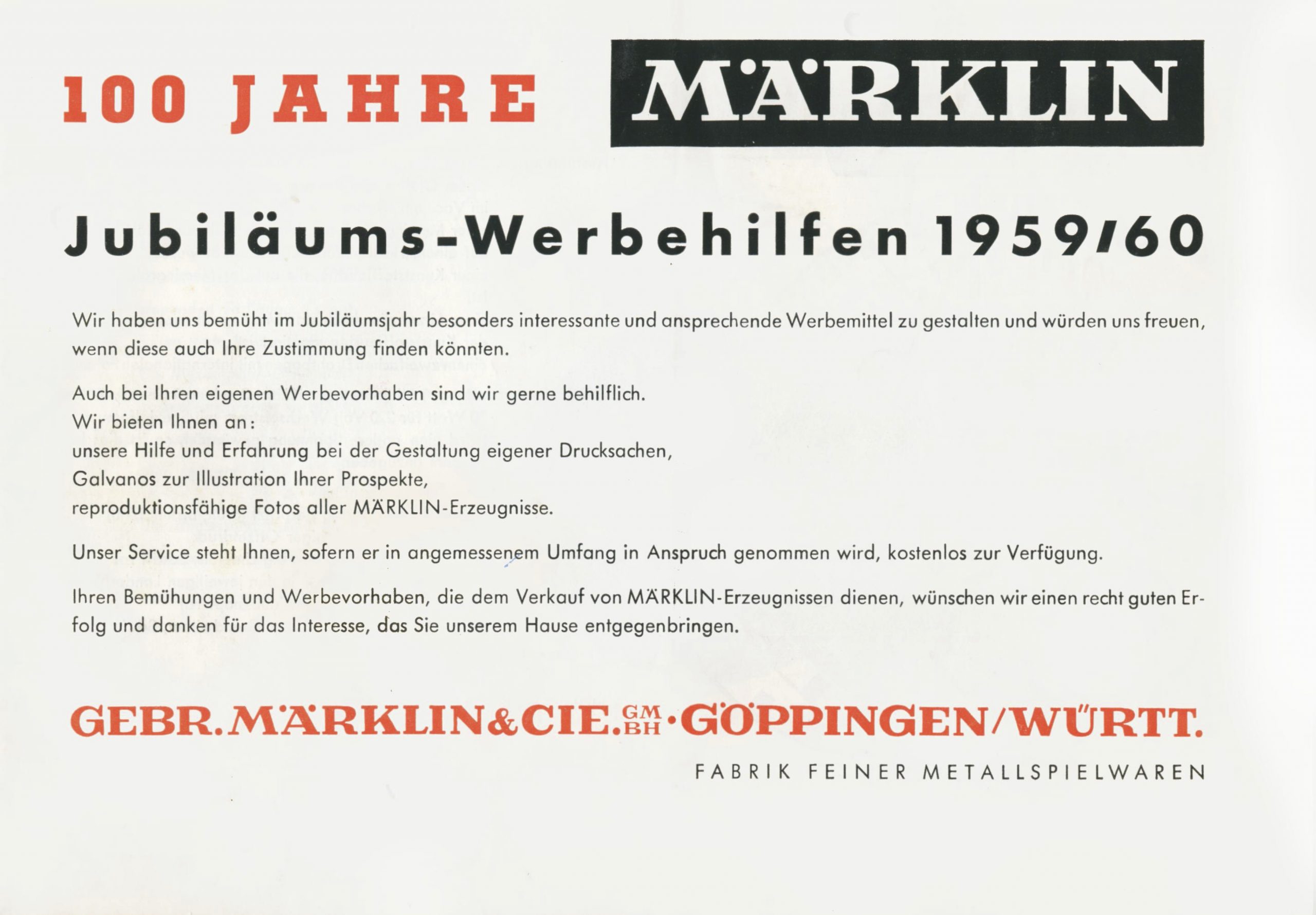 0120020 1959 – Jubiläums-Werbehilfen 1959-1960 – 100 Jahre Märklin – 179 01 – Oa 07 59 ka (Werbehilfen)