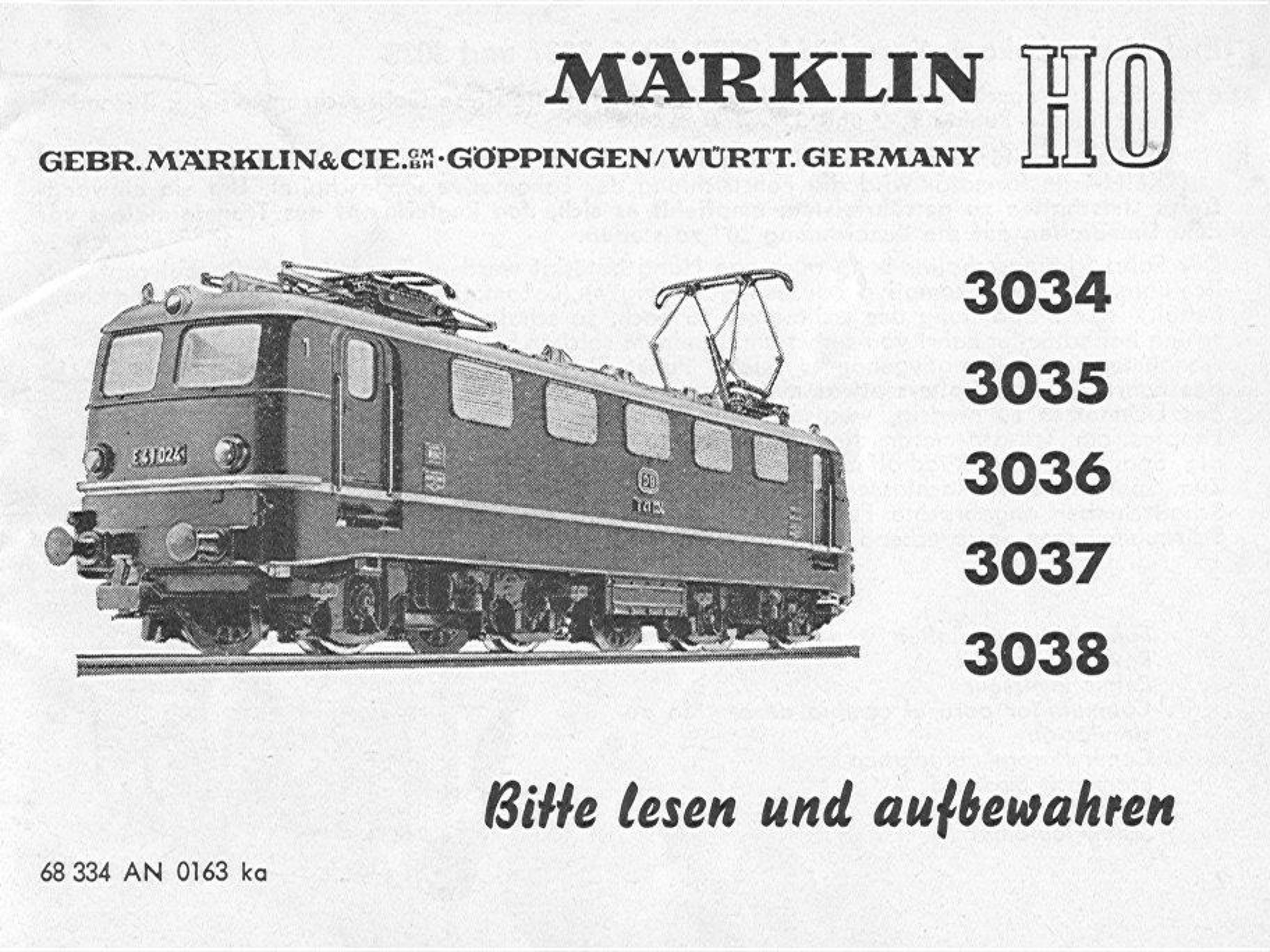 0128000 1963 – Märklin Bedienungsanleitung – H0 3034, 3035, 3036, 3037, 3038 – 68 334 AN 01 63 ka (Bedienungsanleitung)