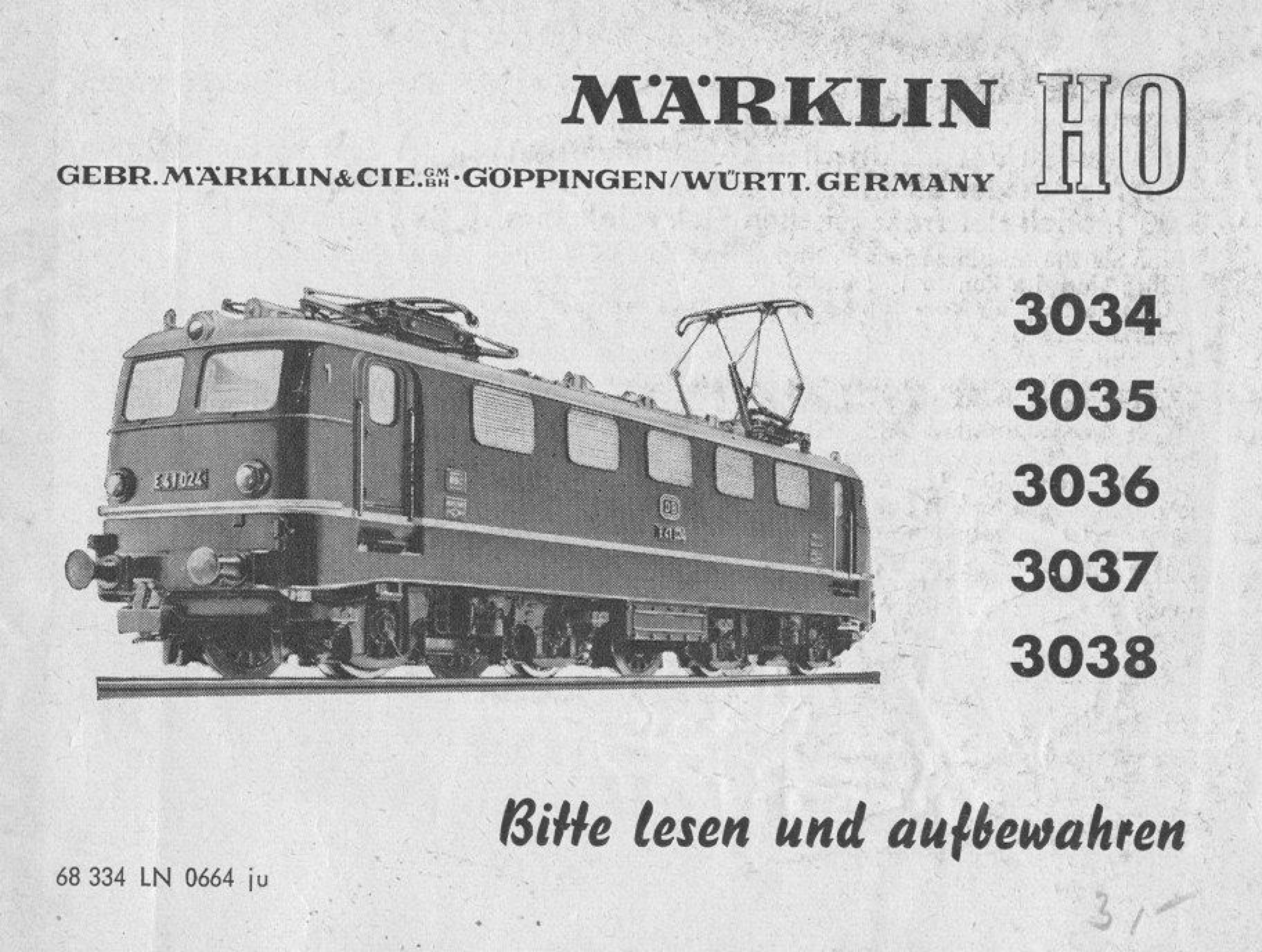 0130410 1964 – Märklin Bedienungsanleitung – 3034, 3035, 3036, 3037, 3038 – 68 334 LN 06 64 ju (Bedienungsanleitung)