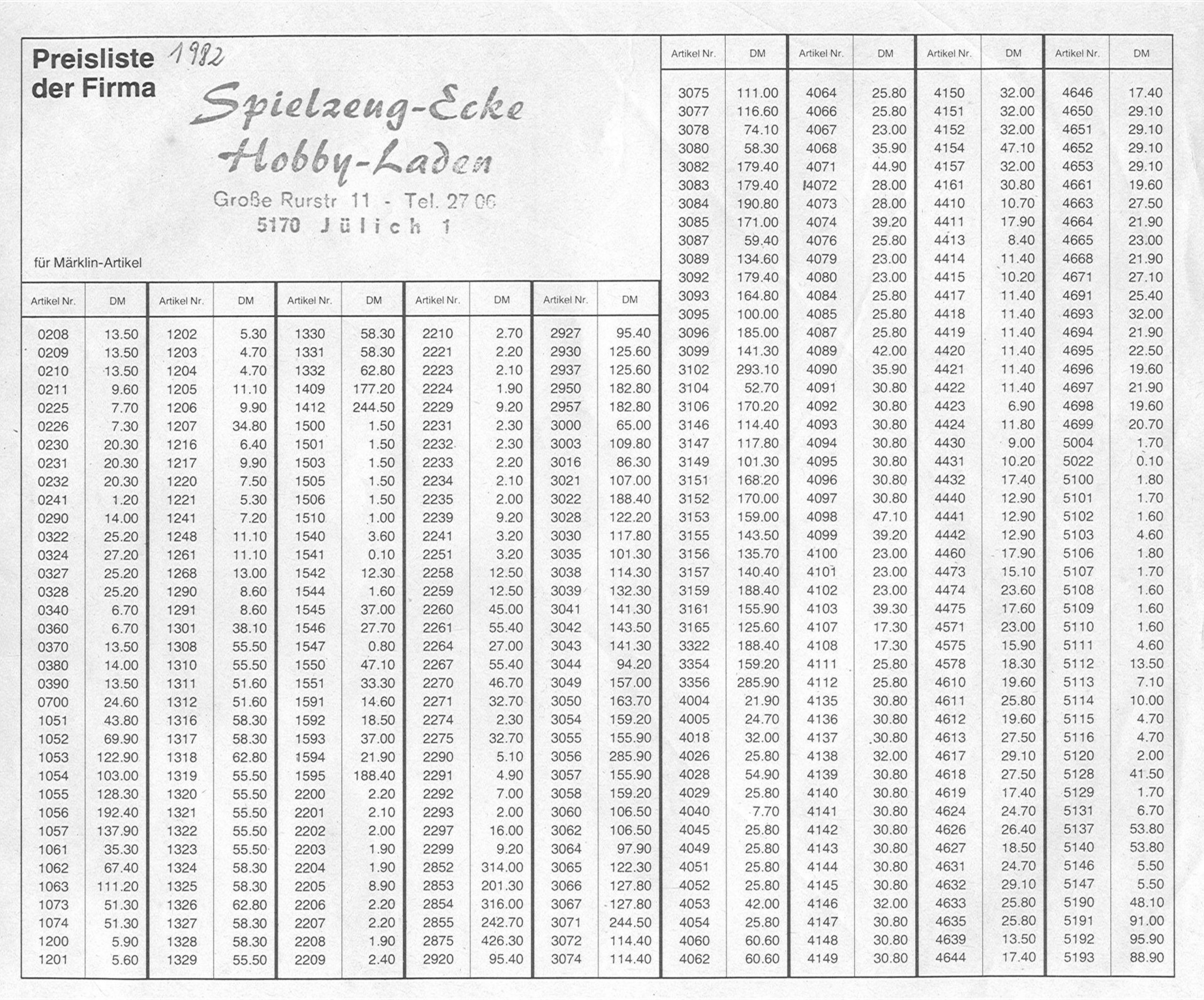 0164009 1982 – Preisliste der Firma für Märklin-Artikel 1982 – 100 (Prijslijst)