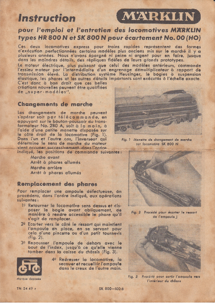 1949 : Instruction pour l'emploi et l'etretien des lokomotives Märklin types HR 800 N et SK 800 N pour écartment No. 00 (H0) TN 04 49 r – Instruction pour l’emploi et l’etretien des lokomotives Märklin types HR 800 N et SK 800 N pour écartment No. 00 (H0)-thumbnail